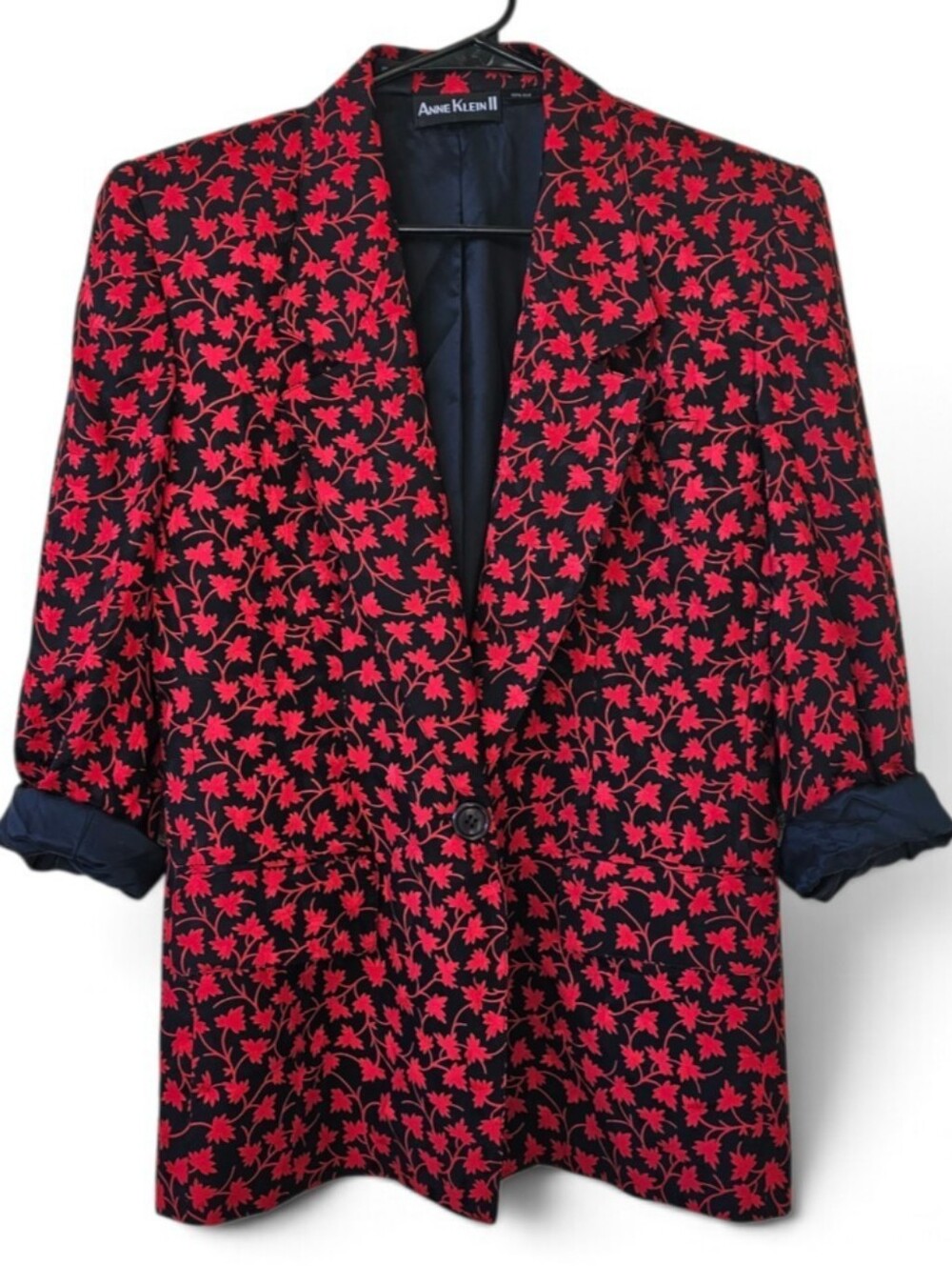 Anne Klein II 100% Silk Blazer Vintage Button Front Black & Red Leaf Size 10